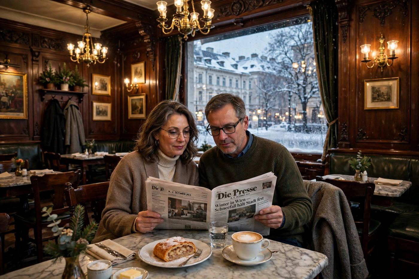 Illustration: a couple in a Viennese coffee house