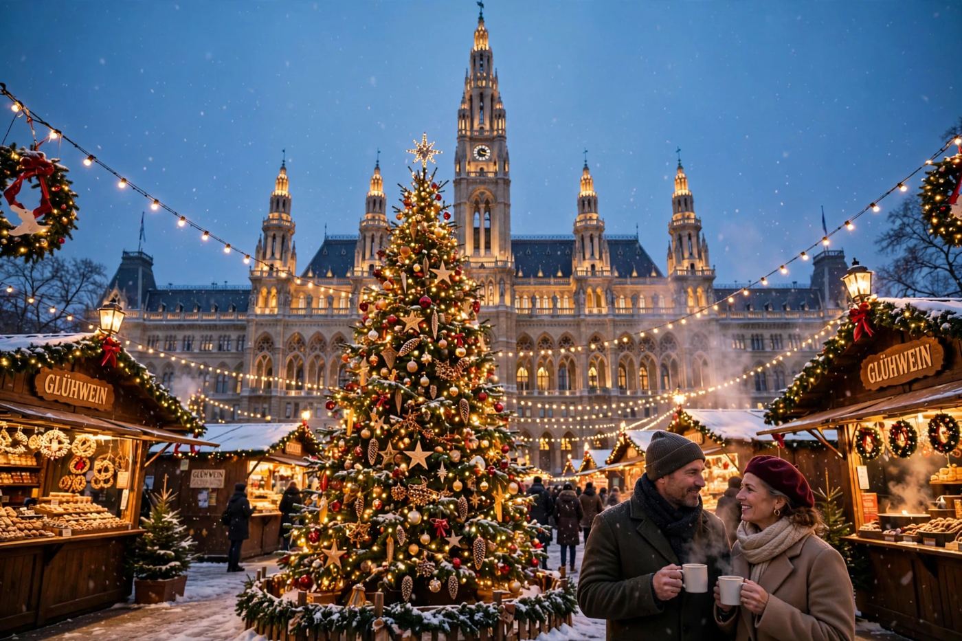 Illustration: a Viennese Christmas market at dusk