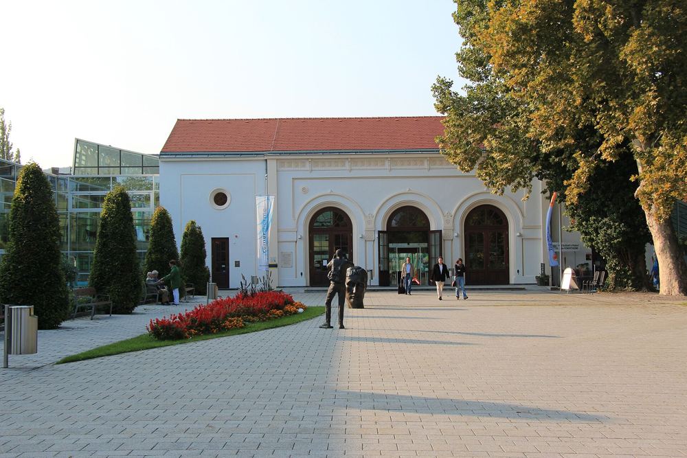 Entrance building of the Römertherme thermal baths in Baden